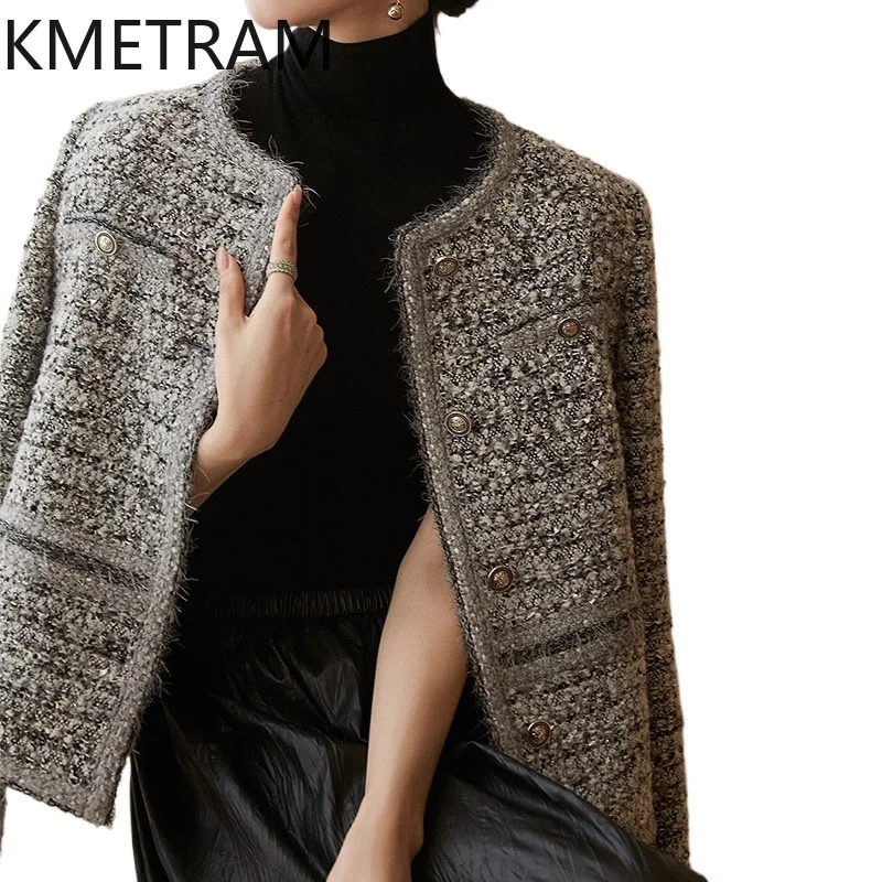 

KMETRAM модные твидовые куртки с круглым вырезом, короткая куртка высокого качества, новая верхняя одежда, осенняя женская одежда 2024, Chaquetas Para Mujer