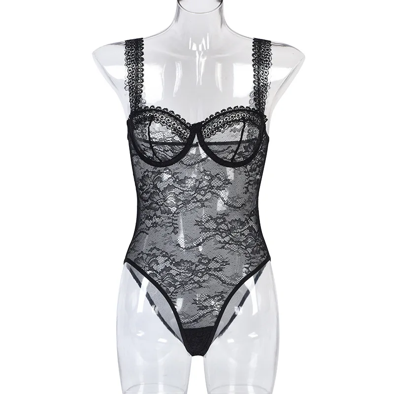 

Women Sexy See Through Erotic Set Embroidery Lace Lingerie Bodysuit Elegant Ladies Mesh Romper Underwear