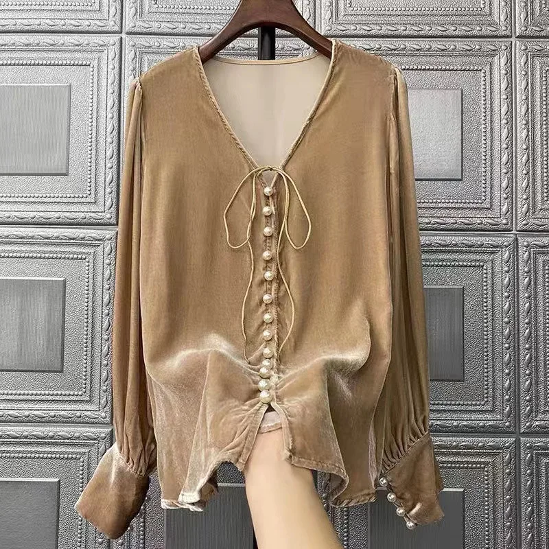 

French Pearl Button Velvet Blouse Fashion Long Sleeve V Neck Autumn Winter Shirts Loose Lace up Women Blusas Soft