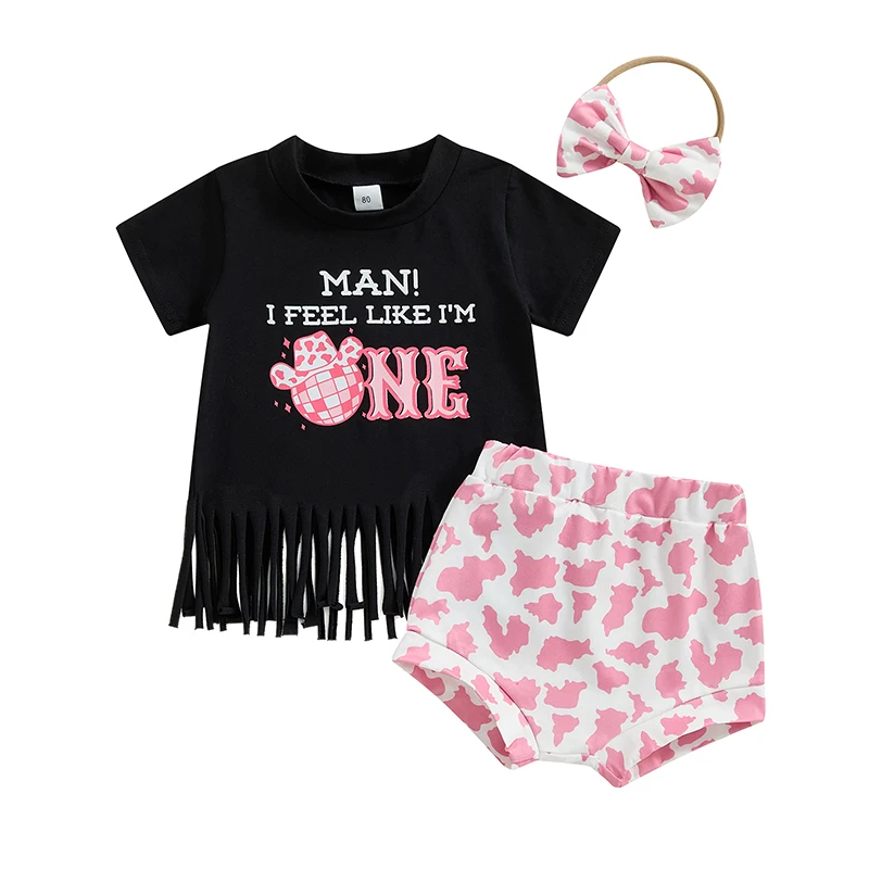 Baby Girls Birthday Day Shorts Sets Black Short Sleeve Tassel Hem Tops Cow Print Shorts Headband Sets