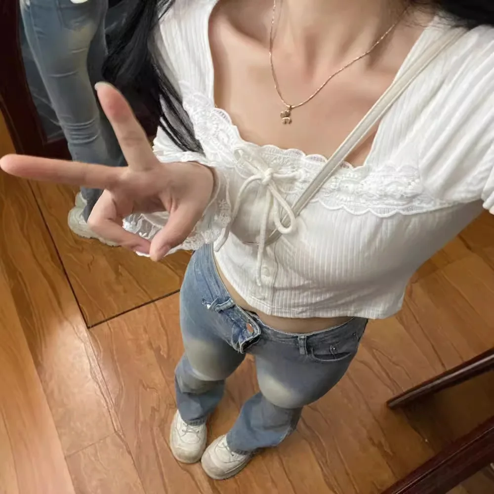 Chemise à Base de dentelle pour femmes, Niche, coupe cintrée, douce et chaude, haut court à manches longues, printemps et automne