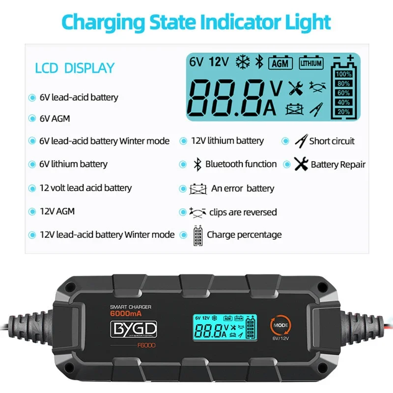 BYGD 6V 12V 6000mA Fully Automatic Smart Battery Charger Pulse Repair Battery Maintainer Trickle Charger for Car Lawn Mower Boat