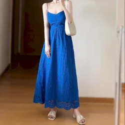 Women Dresses Sleeveless Blue Solid Square Neck Slip Dress Korean Fashion Loose Sexy Backless Mid-calf Dress for Women Clothing