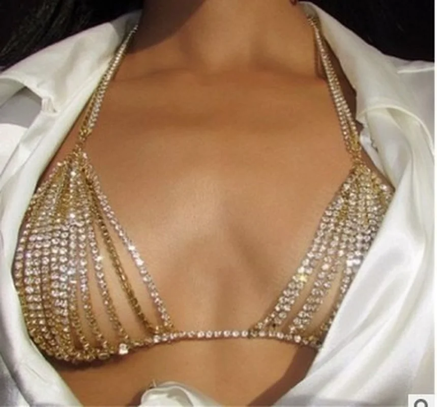 Summer Sexy Shiny Crystal Rhinestone Bra Bikini Chest Chain Bust Body Chain Jewelry Harness for Women Charm Beach Dress Necklace