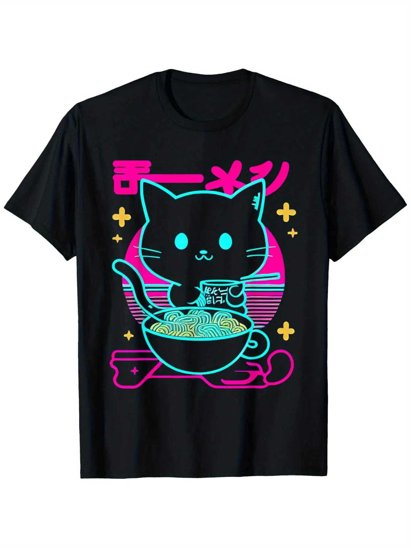 80s Synthetic Wave Products Cute Anime Cat Eats Ramen T-Shirt Fabric Men's and Women's Casual Holiday