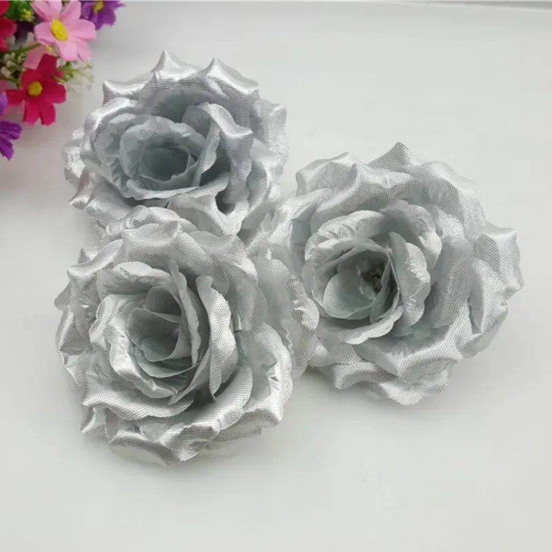 10PCS/Lot 10CM Silver&golden Artificial Rose Silk Flower Heads Decorative Flowers for Wedding Party Banquet Decoration Can Mix