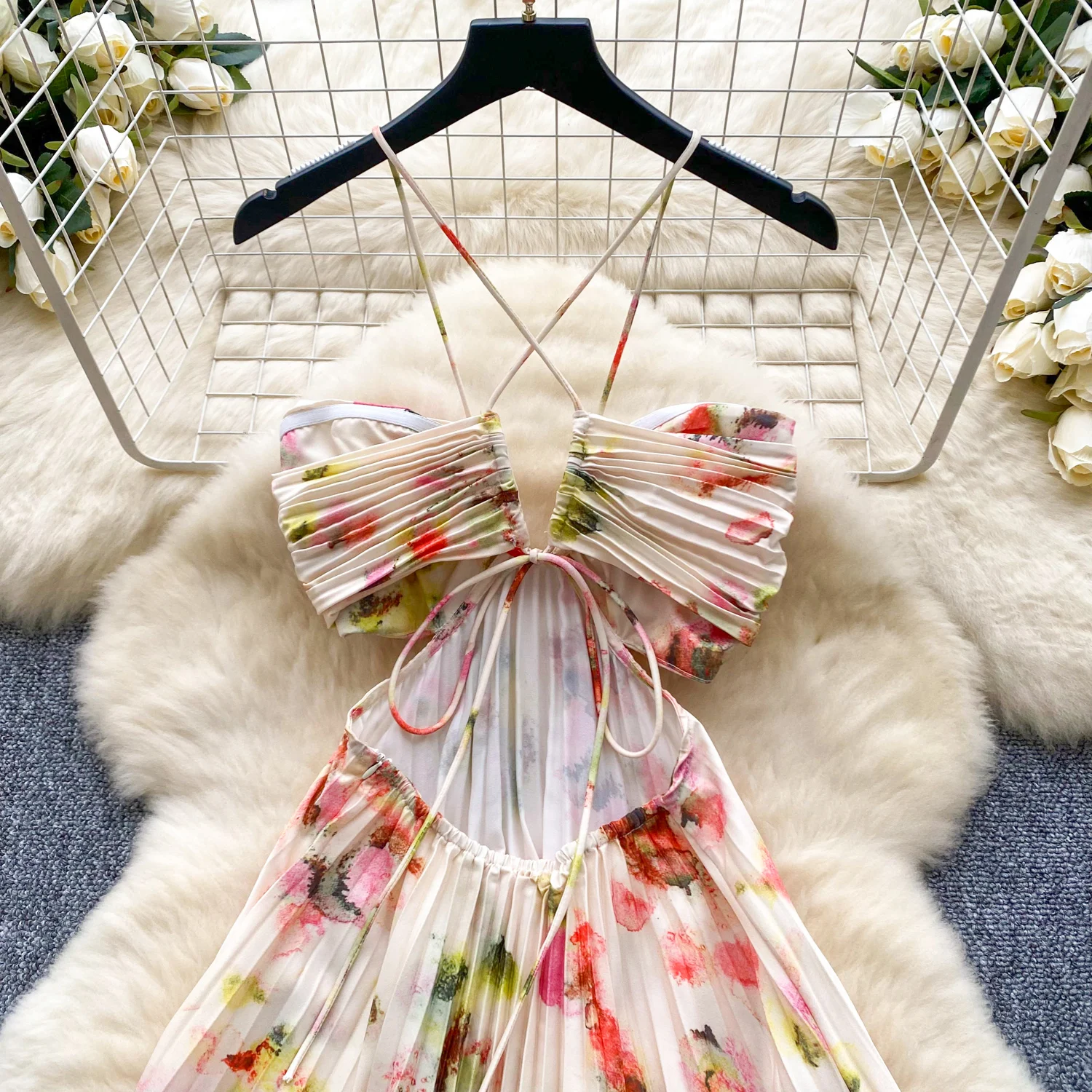 Vestido longo feminino plissado com estampa floral, verão, sem alças, halter, costas nuas, vazado, praia, férias, festa, maxi vestidos