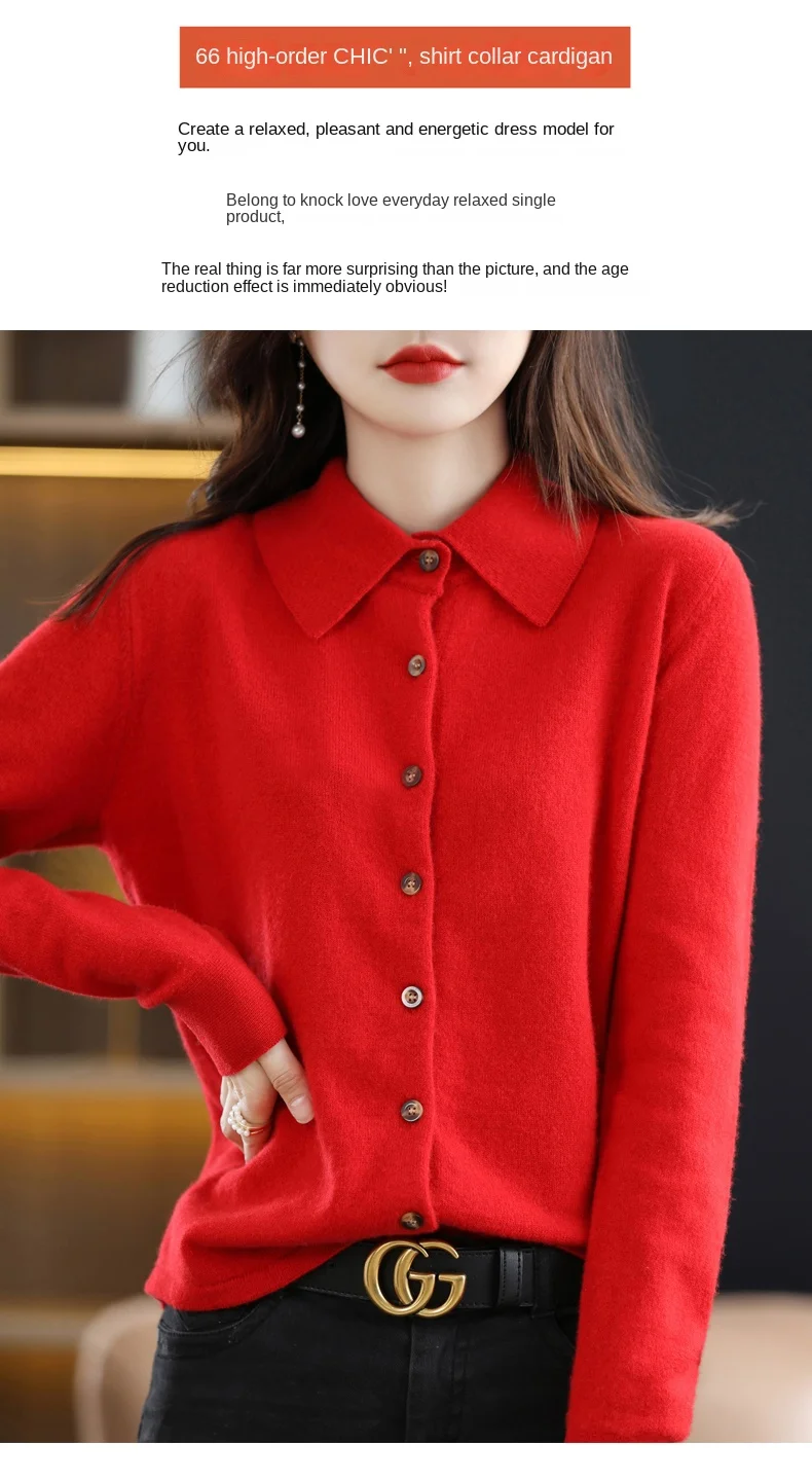 2024 Damen-Strickjacke mit POLO-Kragen, Basic, vielseitig, oben aus gesponnener Wolle, eleganter einreihiger Pullover DMR 430 – Detail 4