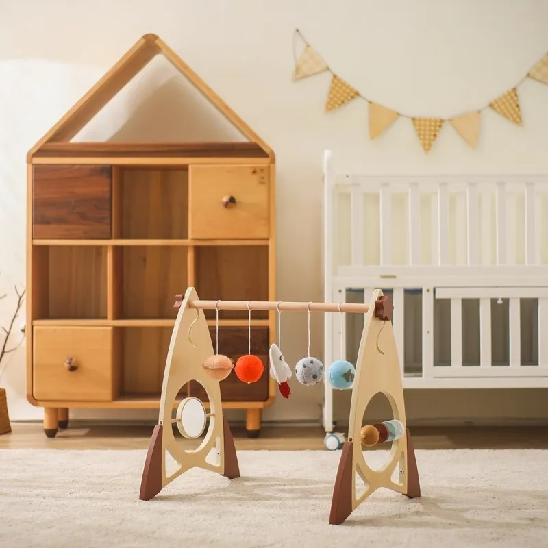 Bebê foguete jogar ginásio de madeira móvel foguete chocalho atividade brinquedos pendurado brinquedos sensoriais dobrável jogar ginásio quadro decorações do quarto brinquedo