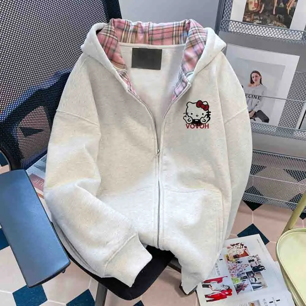 Hello Kitty Women's Hooded Sweatshirt Kawaii Cartoon Student Autumn Long Sleeve Zipper Top Women's Clothing Y2K Printed Coat view 5