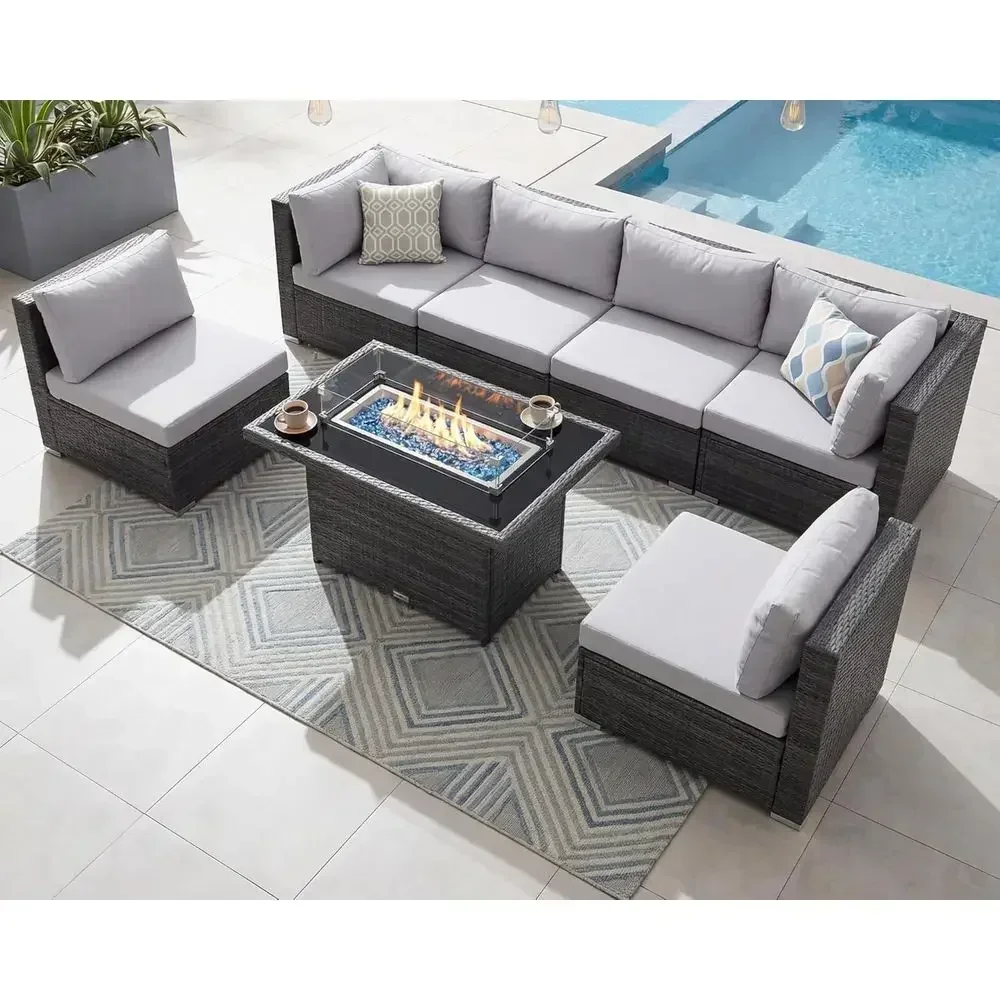 7-Piece Wicker Patio Furniture Set with Fire Pit, Weather-Resistant Outdoor Sectional Sofa, Large High-Back Seating, Grey Sofa S