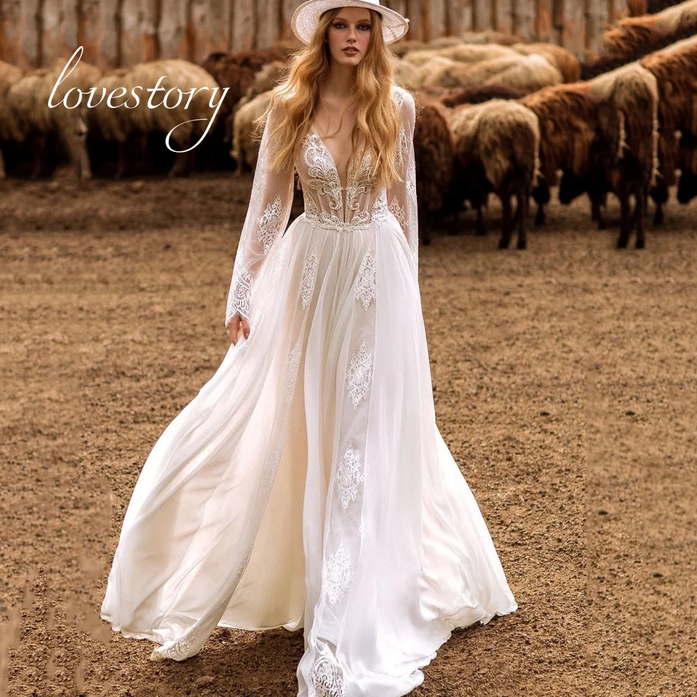 Sexy Illusion A-Line  Wedding Dresses Boho Appliques Bride Robe Chiffon Deep V Neck Bridal Gowns Flare Sleeve Vestidos De Novia