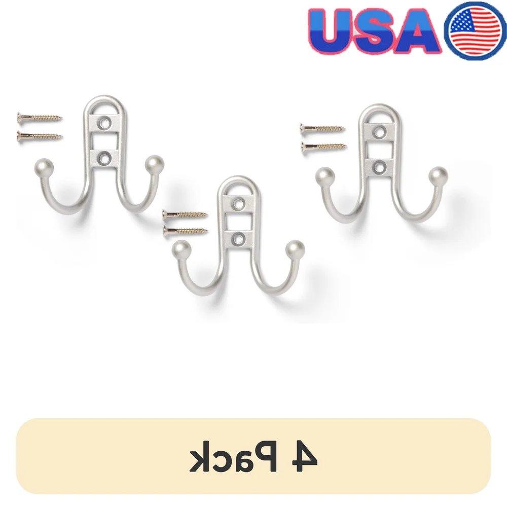

4 Pack Heavy Duty Double Hook Satin Nickel Metal Hooks Coats Towels Bags Keys Space Saving Storage 10 lbs Capacity