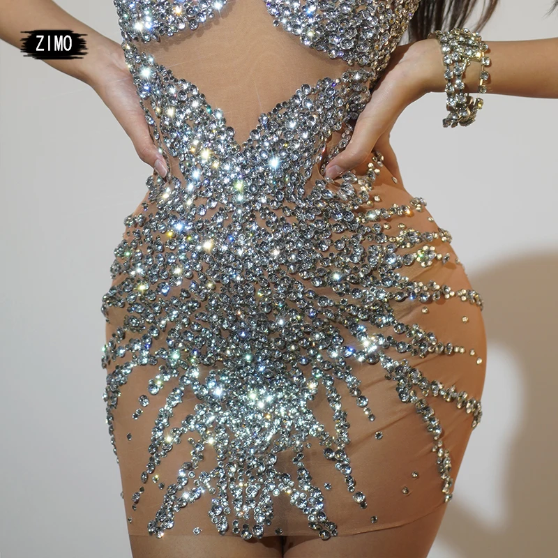 Mode funkeln Strass Abendkleid Frauen Erwachsenen sexy Mesh transparente Party Geburtstag Bühne ds DJ Tanz Drag Queen Kostüm