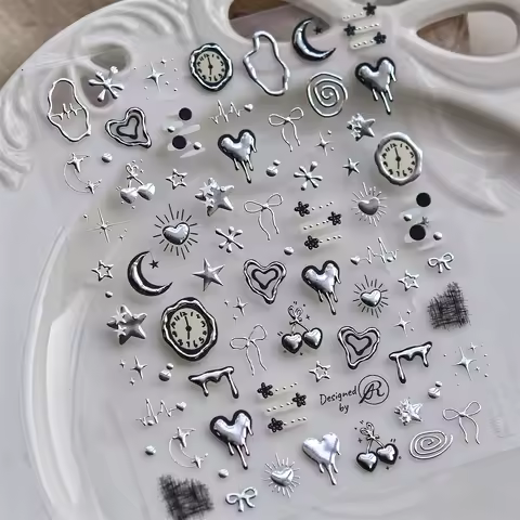 Silver Lava Annual Ring Cherry Clock Watch Starburst Love Heart Rate Chart Moon Star Line Bowknot Line Nail Art Stickers Decals
