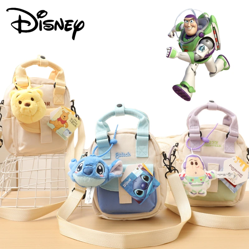 New Disney Canvas Shoulder Bag Pooh Bear Buzz Lightyear Dual-purpose Crossbody Bag Kawaii Plush Toy Pendant Gifts for Girls