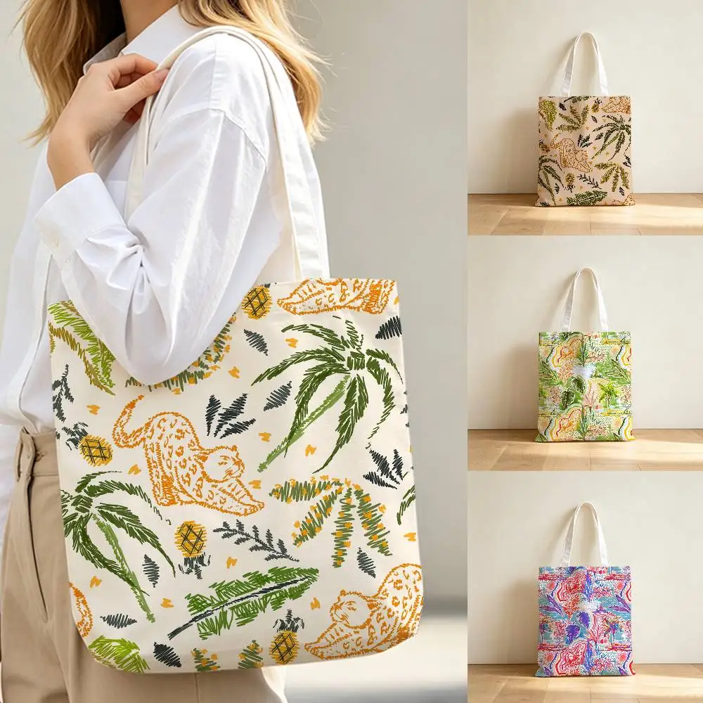 Abstract Tropical Palm Canvas Tote Bag Waterproof Lining Large Capacity Reusable Shopping Bags Casual Student Daily Handbag