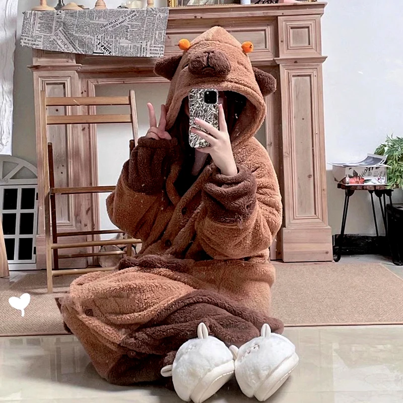 Cute Capibara Adult Pajamas Onesies Cartoon Pyjama Halloween Cosplay Thickened Warm Home Clothes Suit Gift Animal Sleepwear