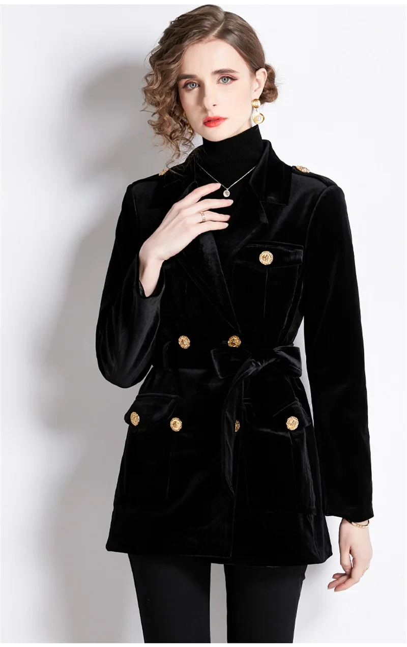 Double Row Lion Buckle Women Long Trench Coat Diamond Lattice Gold Velvet Tops Unique Slim Long Sleeve Windbreak Newest In Stock