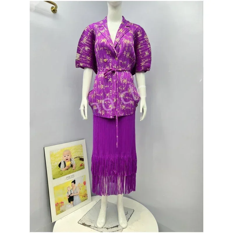 

Party Pleated 2 Pieces Set Women New 2025 Single Breasted Print Tops + Tassel Lace-up Skirt Loose Female Sets Fashion Hot Sales