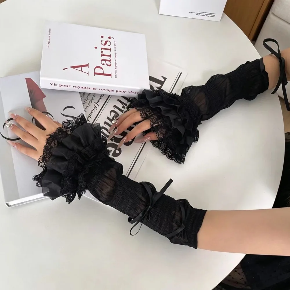 Sweet Acrylic Fiber Bowknot Arm Cuffs Thin Fabric Bow Decorated Ballet Sleeve Covers Breathable Girls Arm Sleeves Lolita Outfit