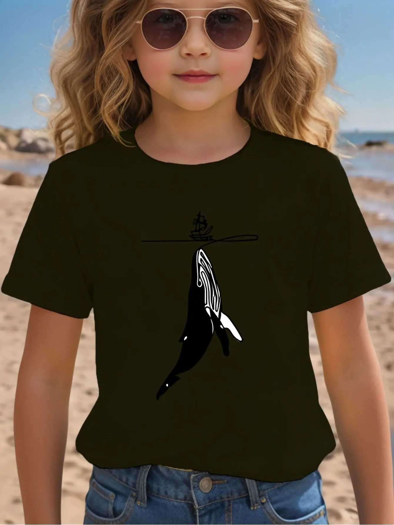 Whale And Vintage Sailboat Graphic Kids T Shirt Boys Girls Family Matching Parent Child Summer Crew Neck Children Casual Tee