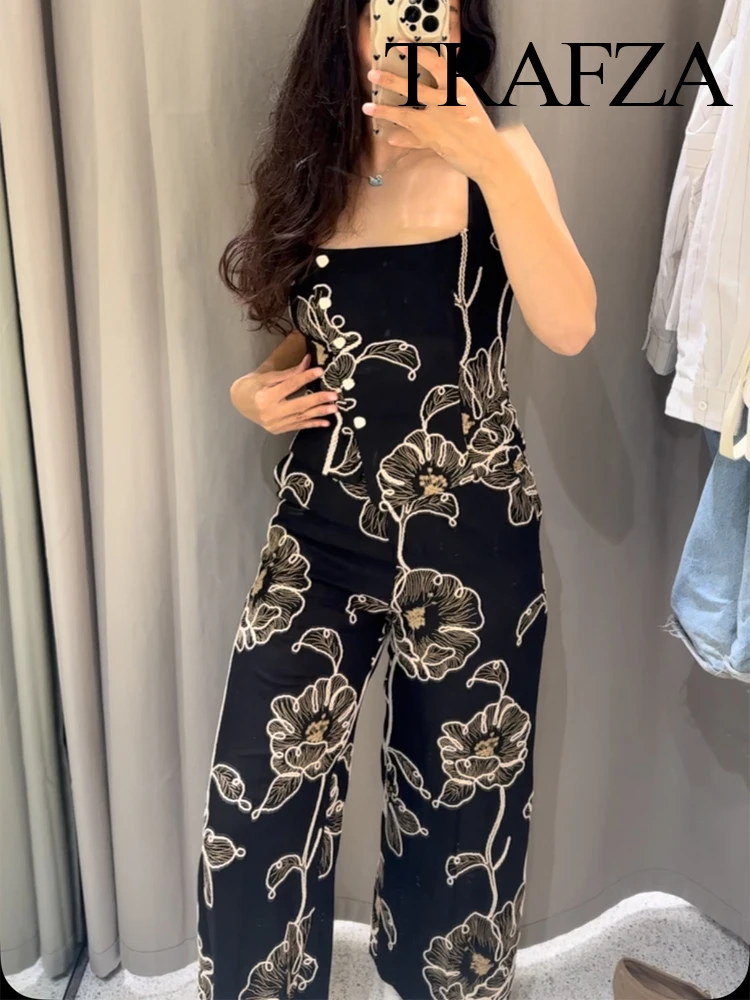 

TRAFZA 2025 Woman Fashion Casual Side Pocket Zipper Long Jumpsuits Women Single-Breasted Flower Embroidered Decoration Jumpsuits
