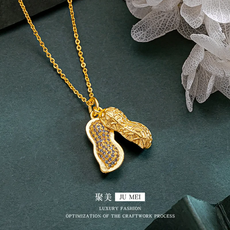 

Подвеска из настоящего золота 9999 24 карата с бриллиантами и арахисом, инкрустированная цирконом, благоприятный кулон с арахисом, ожерелье, ювелирные изделия