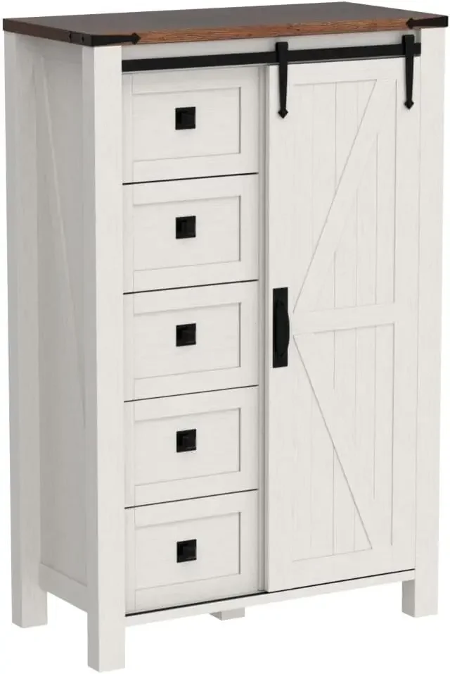 5 Drawers Dresser for Bedroom w/Sliding Barn Door, Farmhouse Modern Tall Dresser 5 Chest of Drawers, Storage Organizer D