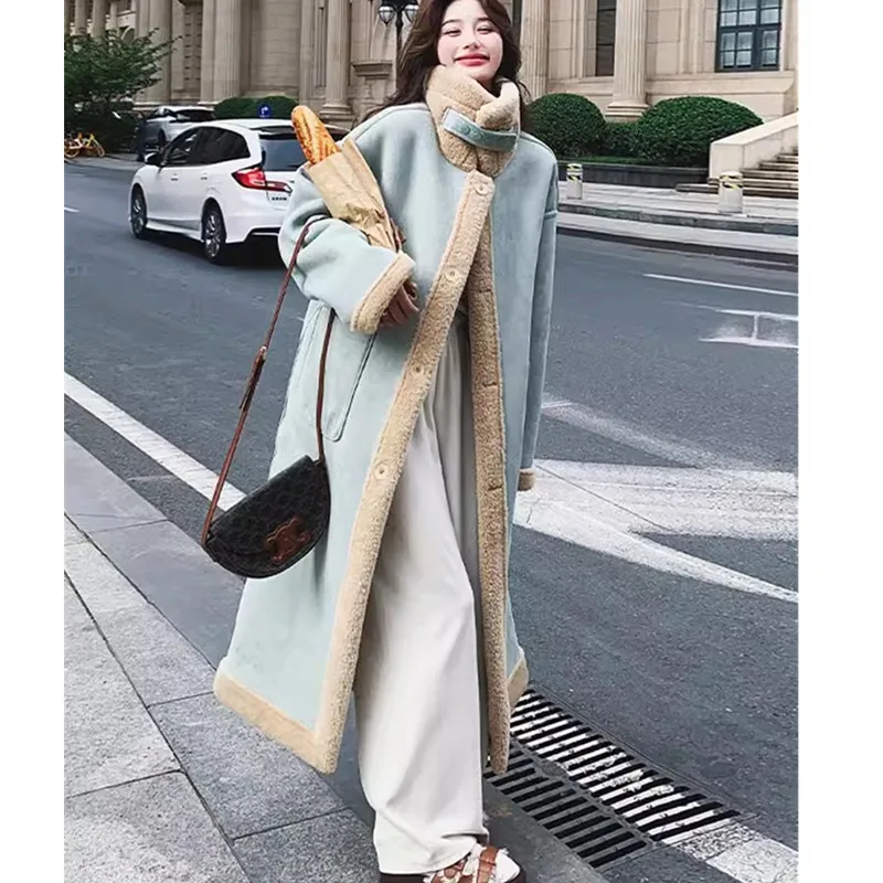 Blue High-end Dual sided Lamb wool Coat For women\'s Winter wear 2024 New Fashion Thicken Cotton Jacket Female Warm Long Overcoat