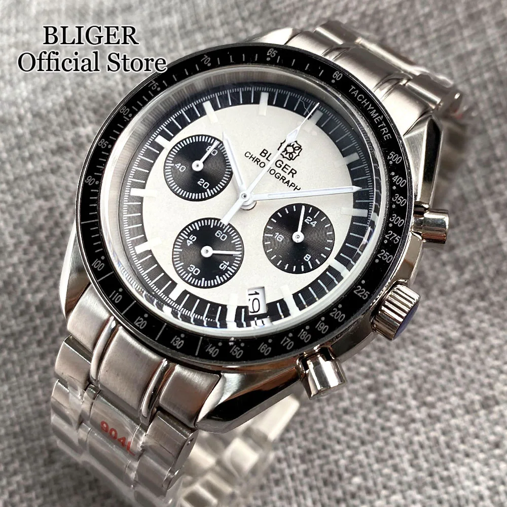 BLIGER Quartz 40mm Chronograph Multifunction Watch Men VK63 Movement Black White Dial Stainless Steel Strap Montre homme