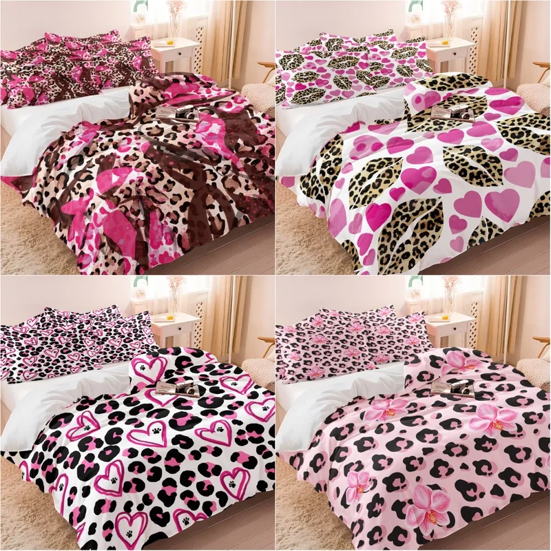 Bettwäsche-Set mit rosa Leoparden-Camouflage-Muster (1 Bettbezug & 1/2 Kissenbezug), stilvolles Bettwäsche-Set, weiche Mikrofaser, Schlafzimmer-Heimdekoration