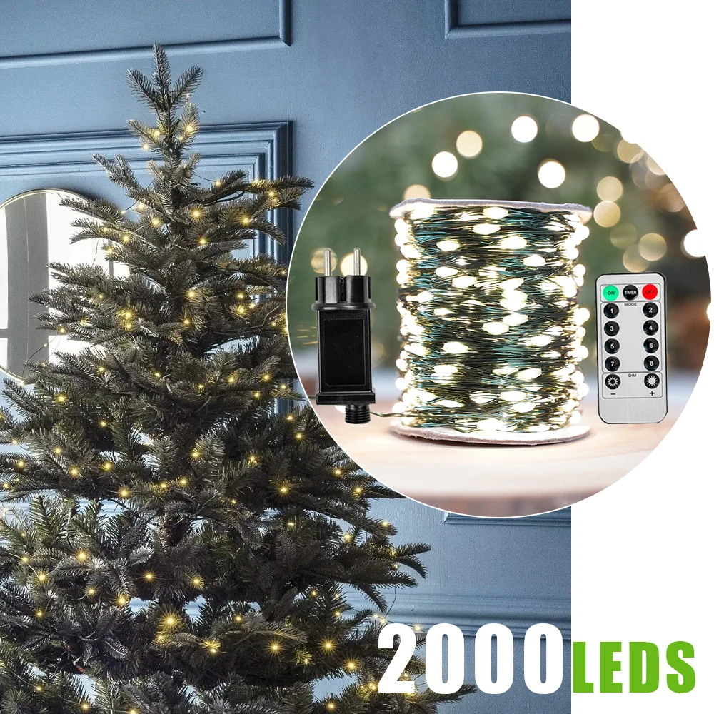 リモコン付きグリーンワイヤープラグイン1200ledフェアリーストリングライト、ツリー、屋外、クリスマスツリー、ホリデー、結婚式、庭の装飾用