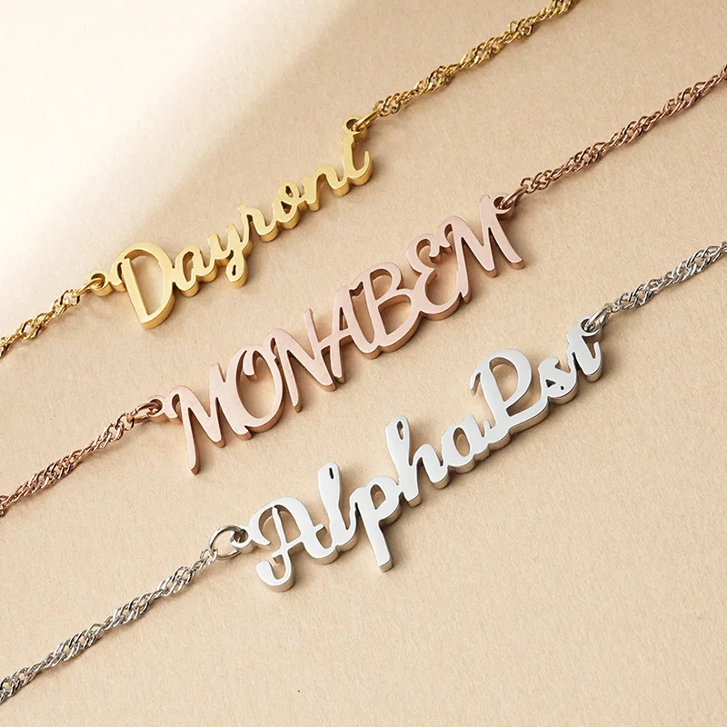 

Lateefah Stainless Steel 18K Gold Plated Frosted Name Necklace Personalized Letter Choker Pendant Nameplate Gif