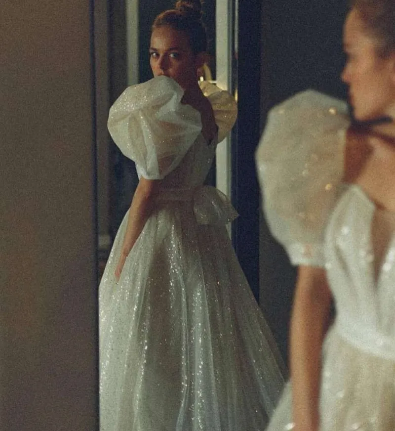 Vestido de casamento brilhante lantejoulas com manga curta Puff, vestidos de noiva princesa, personalizado, querida, 2024