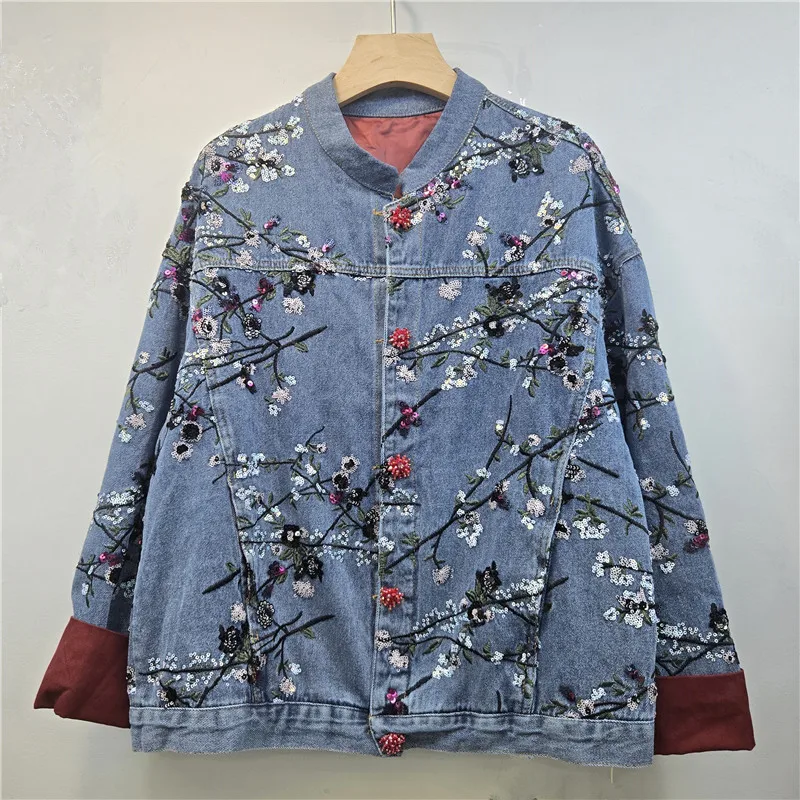 SuperAen Chinese Style Retro 2026 Autumn New Embroidery Sequin Patchwork Contrasting Color Loose Denim Jackets