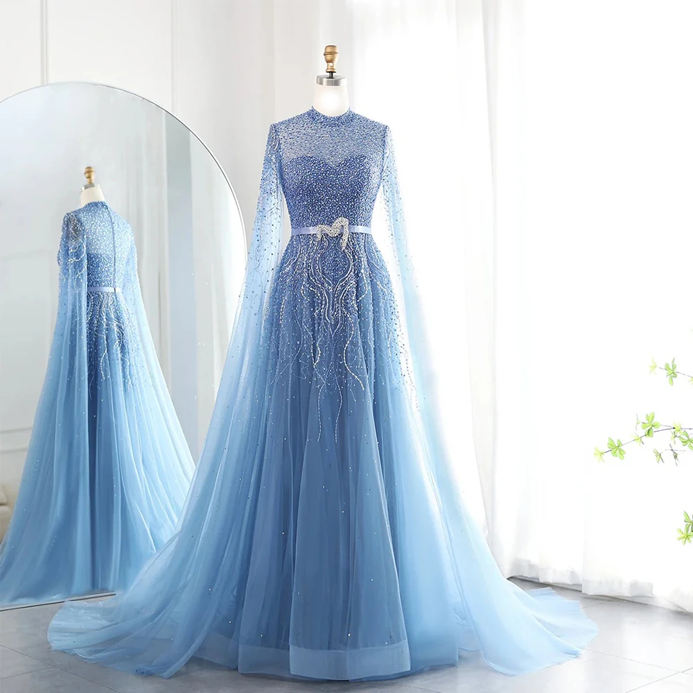 

Arya Sky Blue Elegant Evening Dresses Organza for Floor-Length O-Neck Prom Dress Crystal Beading Vestidos De Fiesta Customized