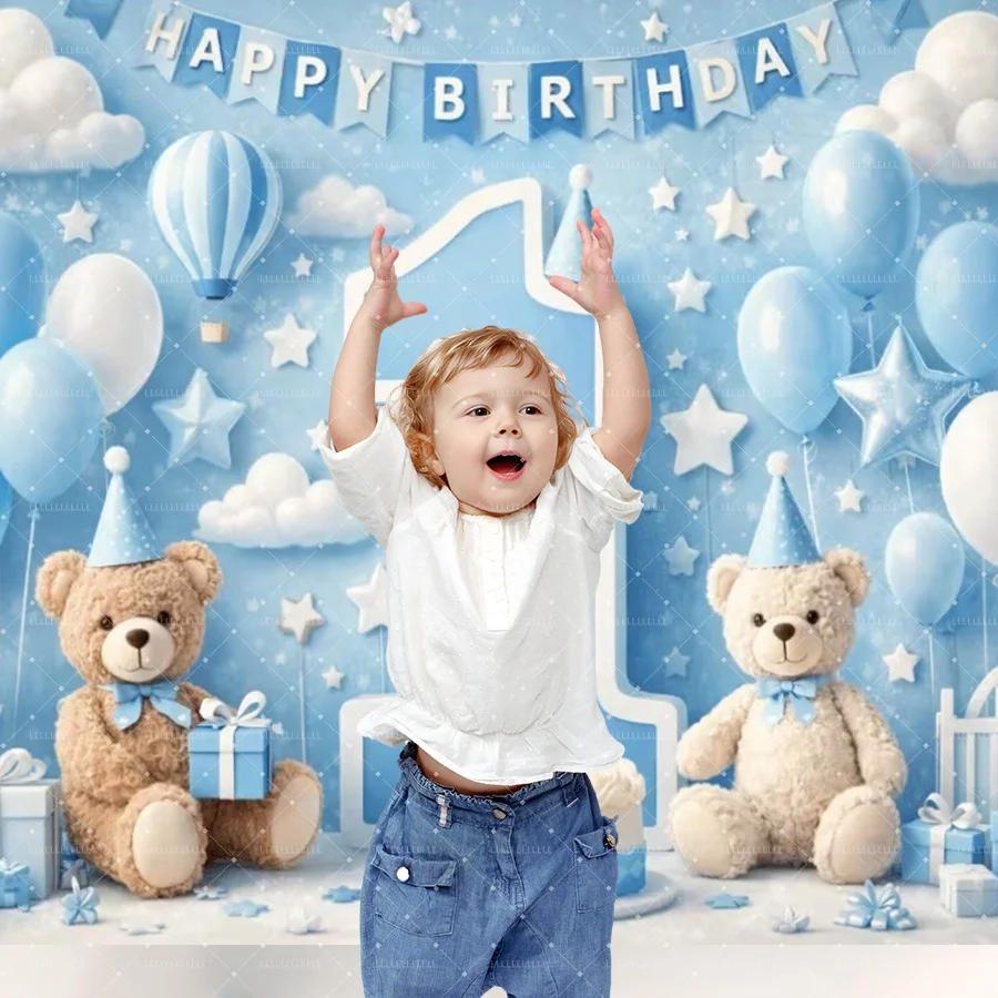 Kid 1st Birthday Party Decoration Supplies Bear Balloon Blue Photography Background Girls Boys Photo Backdrop Baby Shower Banner - view 4