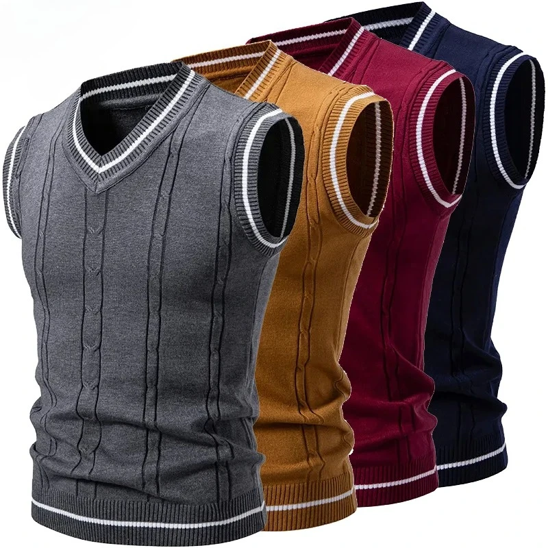 

Новые мужские вязаные жилеты без рукавов с v-образным вырезом, облегающие вязаные пуловеры, свитера, модная лоскутная умная повседневная уличная одежда