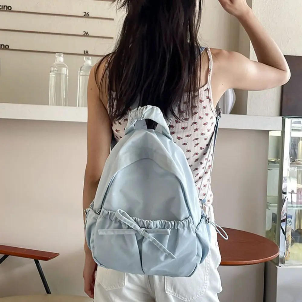 Sweet Handbag Bow Backpack Solid Color Korean Style Nylon Backpack Large Capacity Wrinkle Shoulders Bag Women