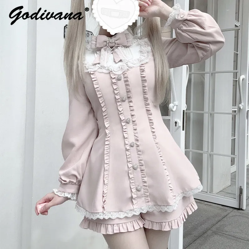 Original Neues Frühlings-Mädchen-Kawaii-Subkultur-Lolita-Kleidungsset Neues Frühlings- und Herbst-Damen-Langarm-Slim-Top und Shorts-Set