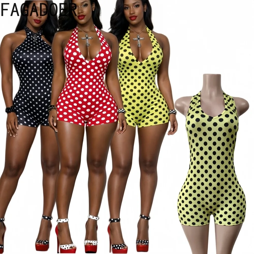 

FAGADOER Y2k Sexy Polka Dot Print Bodycon Romper for Women Halter Deep V-neck Backless Jumpsuit Female Streetwear Overalls New