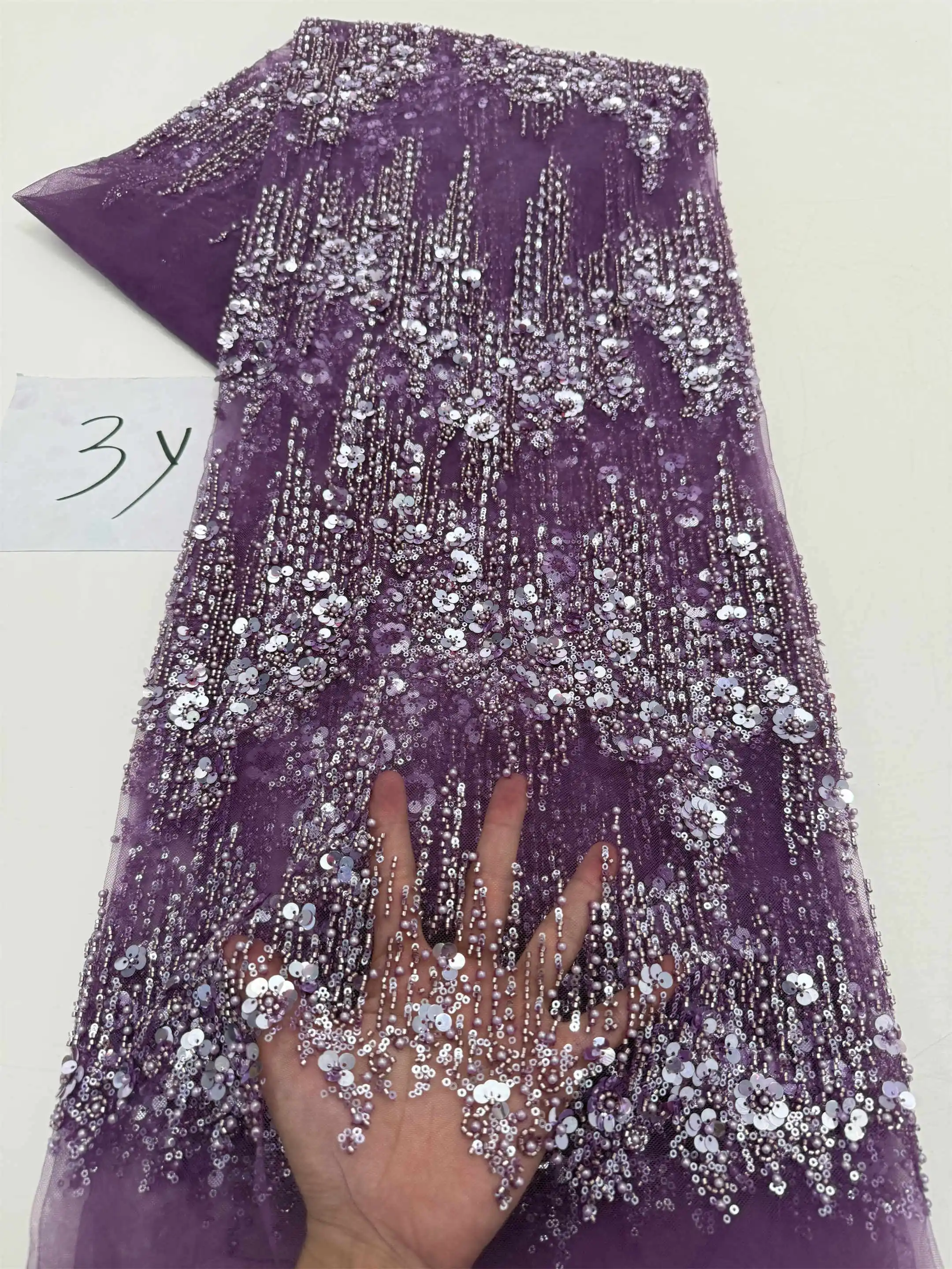 NiAi Lace French Beaded Lace Fabric 3 Yards 2026 New African Nigerian Jacquard Gilded Damask Lace for Sewing Women Party Dresses