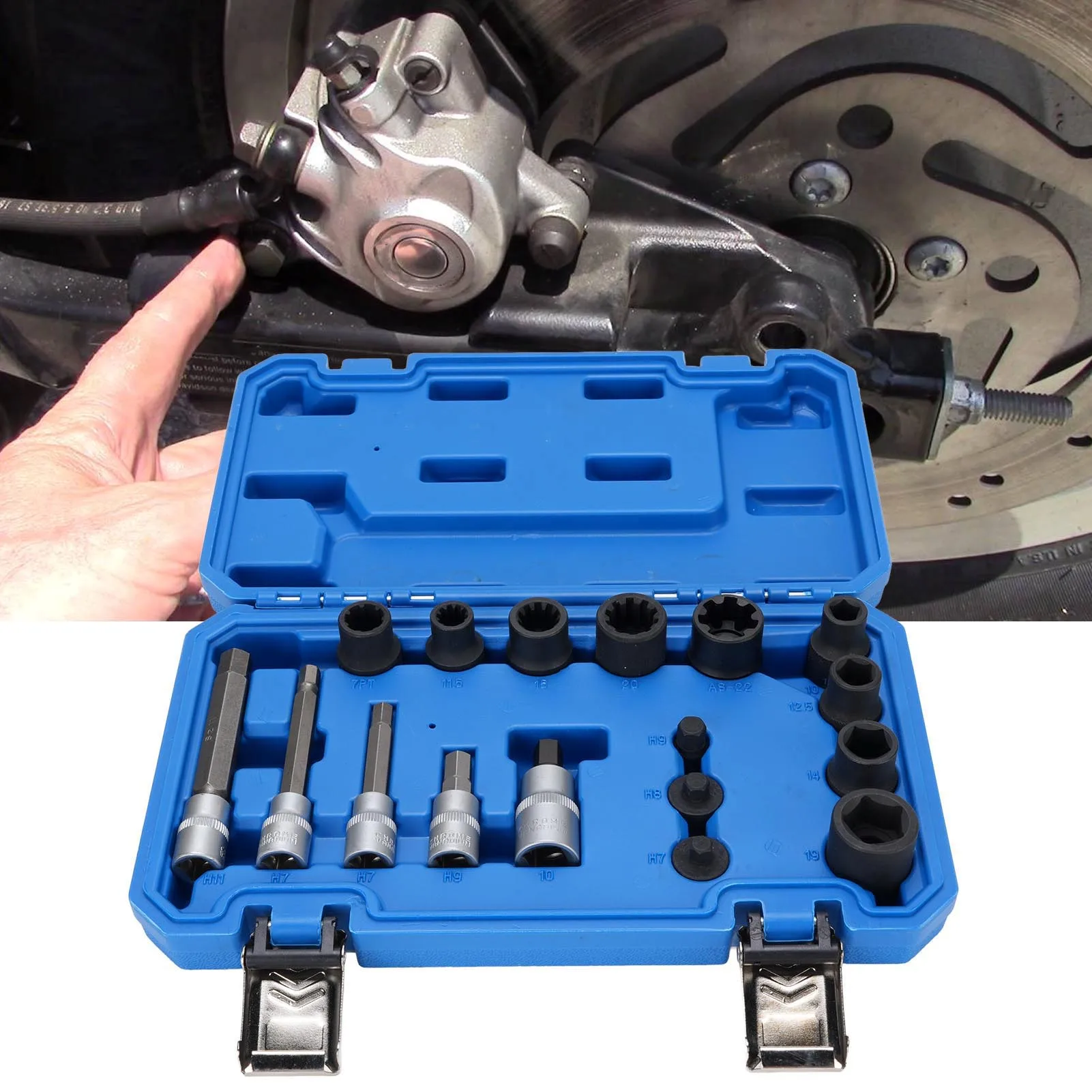 17‑Piece CR‑MO Steel Brake Caliper Socket Hand Tool Set 11.5‑22mm H7‑H9 Sizes For Audi VW BMW Benz Porsche Brake System Servicin