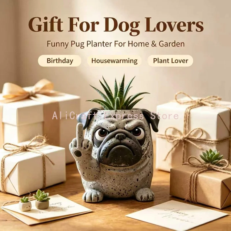 Resin Pug Figurine Plant Pot, Novelty Middle Finger Dog Sculpture Planter, Desktop Balcony Succulent Container Ornament