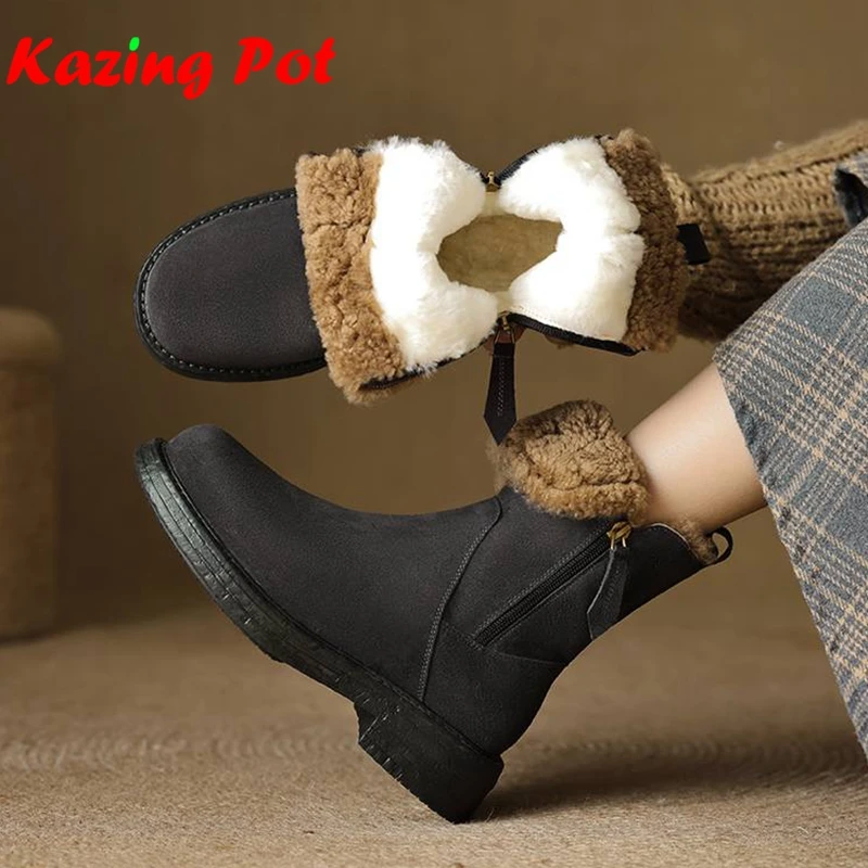 Krazing Pot Wool Cow Leather Cow Suede Nubuck Round Toe Med Heels Snow Boots Platform Keep Warm Natural Fur Zipper Ankle Boots