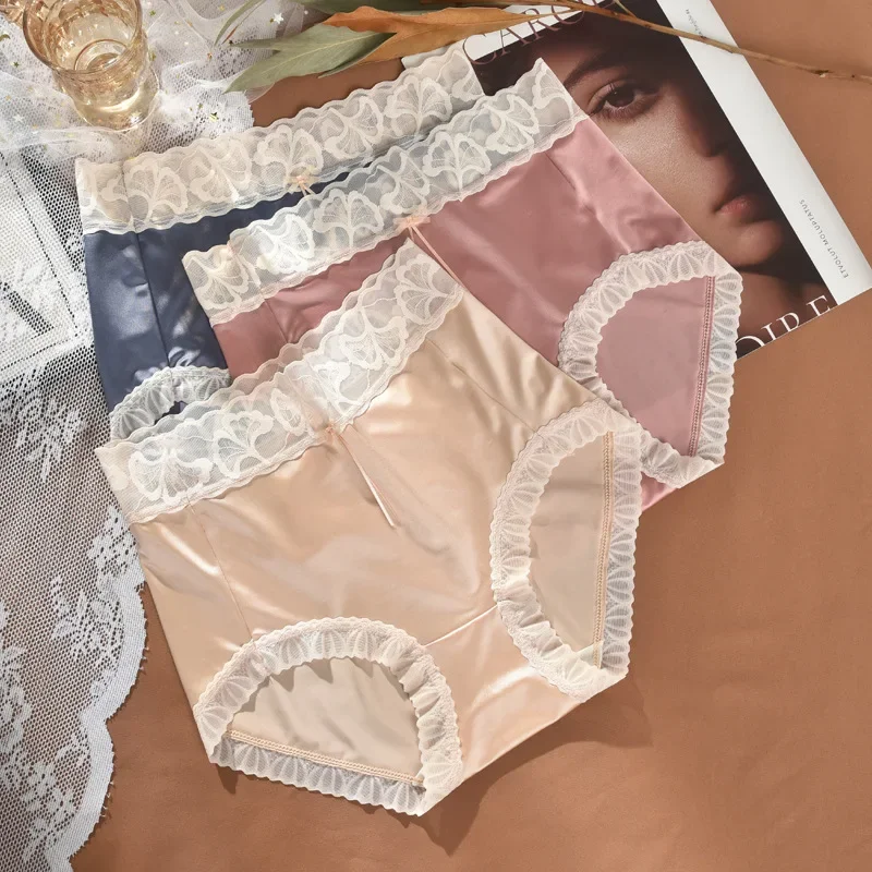 Fashion French Style Women Underpants Female Panties Luxury Lingerie Lace High Waist Underwear Briefs Ice Silk Sexy Knickers