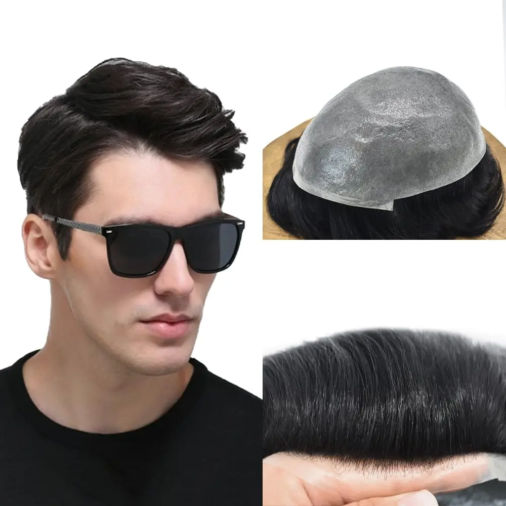 Fine Mono Human Hair Mens Toupee Poly Skin Around Hair System Hairpiece Durable NPU Monofilament Wig Hair Replacement for Men