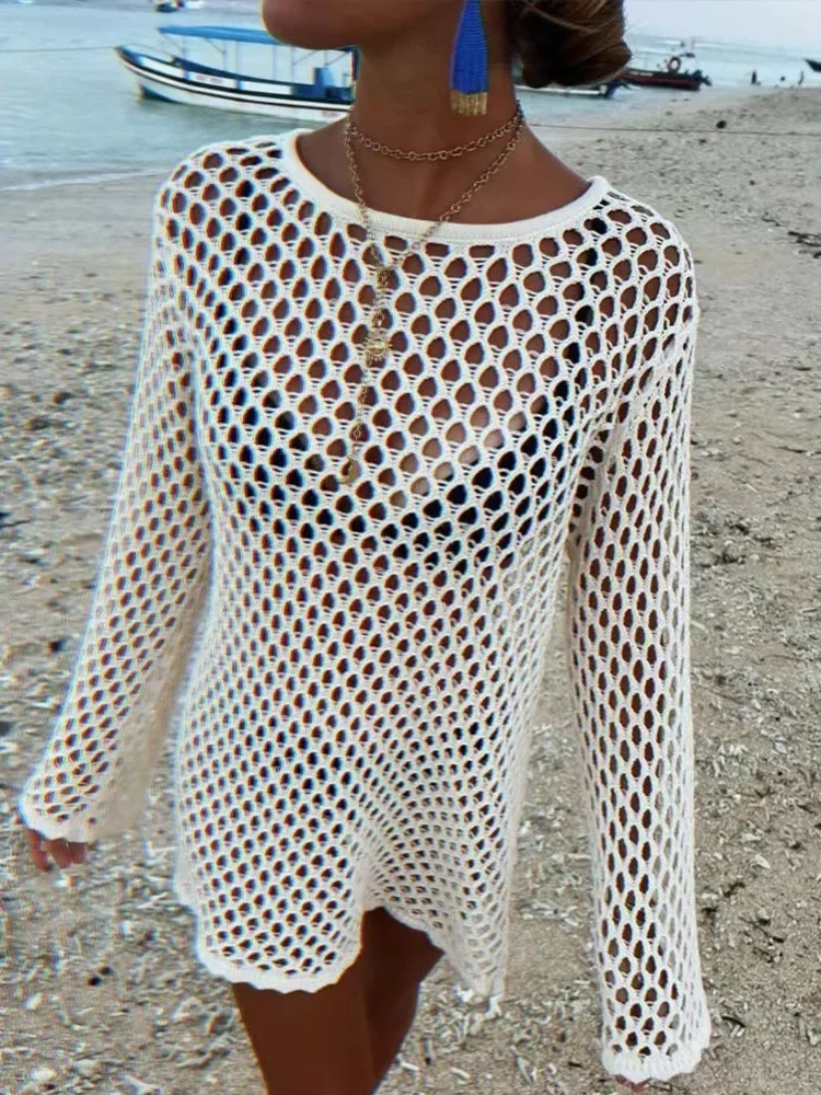 Sexy Solid Hollow Out One Piece Vacation Covers Summer Solid Knitted Fish Mesh Pullover 2026 New Long Sleeve Mini Dresses