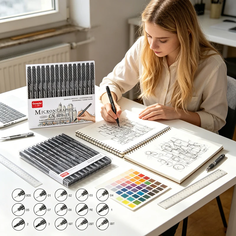15Pcs Waterproof Fine Liner Micron Pen Set,Fade-Proof Hook Line Markers for Sketching,Calligraphy Lettering Art Drawing Supplies